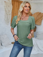 Trendsi eyelet asymmetrical neck short sleeve T-shirt, stylish tops with eyelet details and unique neckline design.