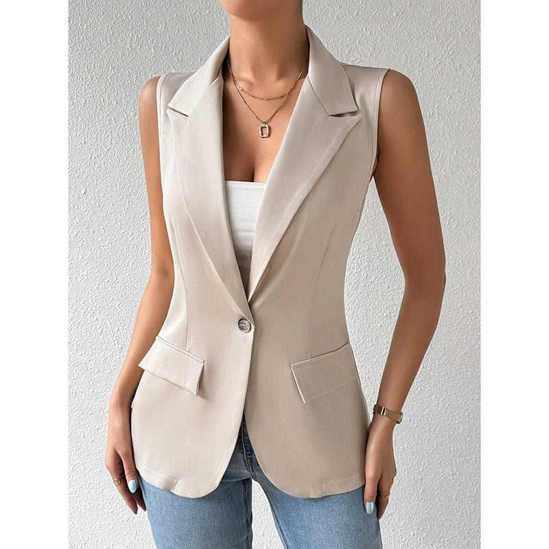 A sleeveless, beige tailored vest blazer with a notched lapel, single-button closure, and two flap pockets.
