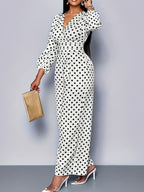 Women's polka dot long sleeve jumpsuit with wide legs and pockets, stylish Trendsi jumpsuit perfect for casual or dressy occasions.