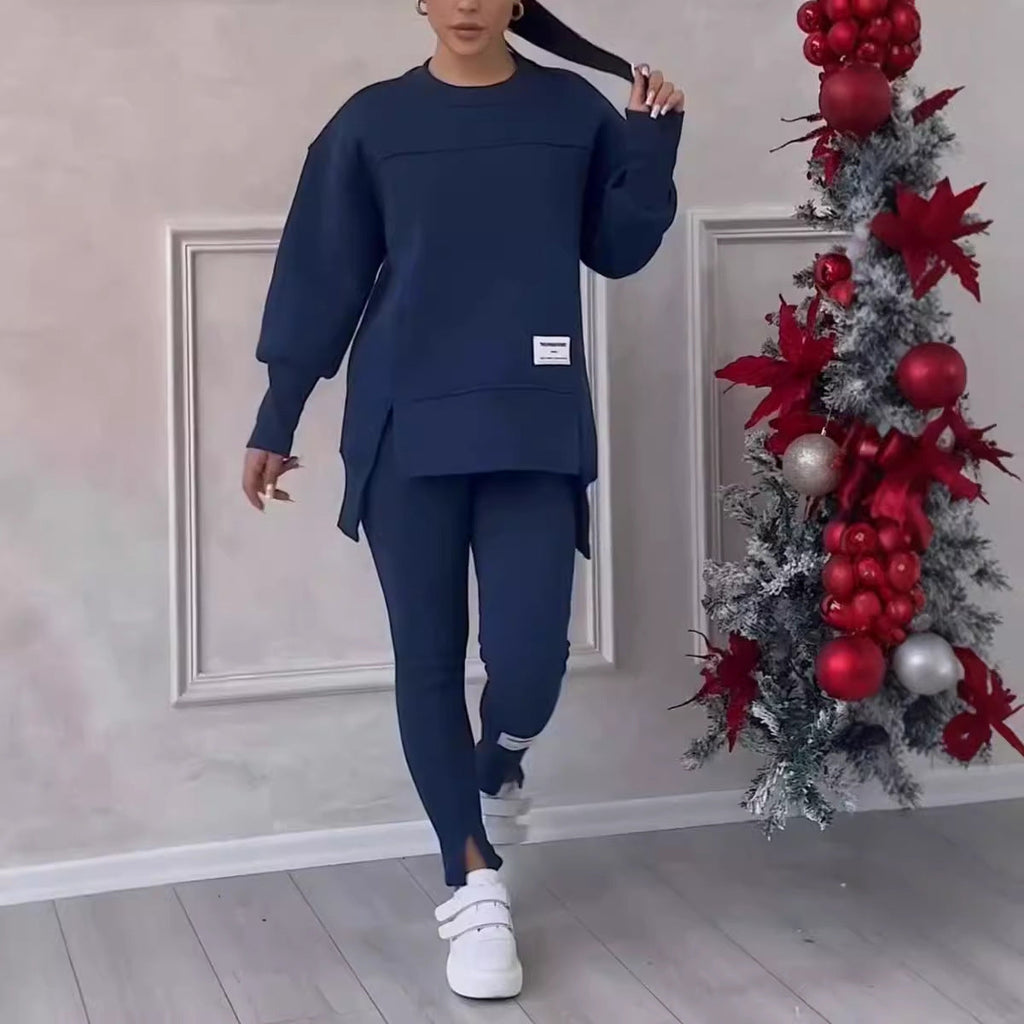 Women's solid color 2-piece casualwear set by FitiqueFit, featuring a comfortable top and matching pants in a relaxed fit.