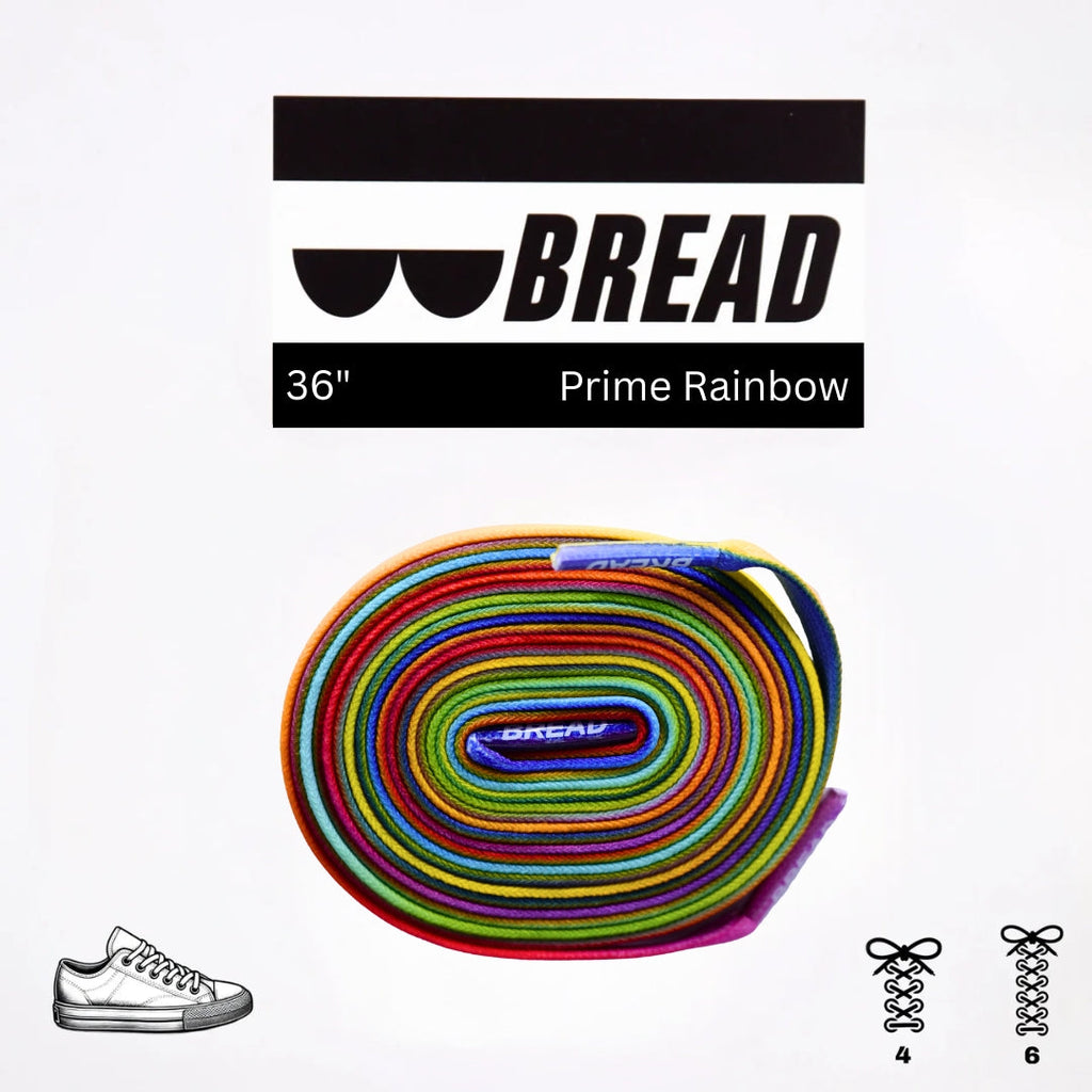 Colorful Prime Rainbow elastic shoelace by Bread, showing vibrant rainbow pattern and flexible elastic design for easy lacing.