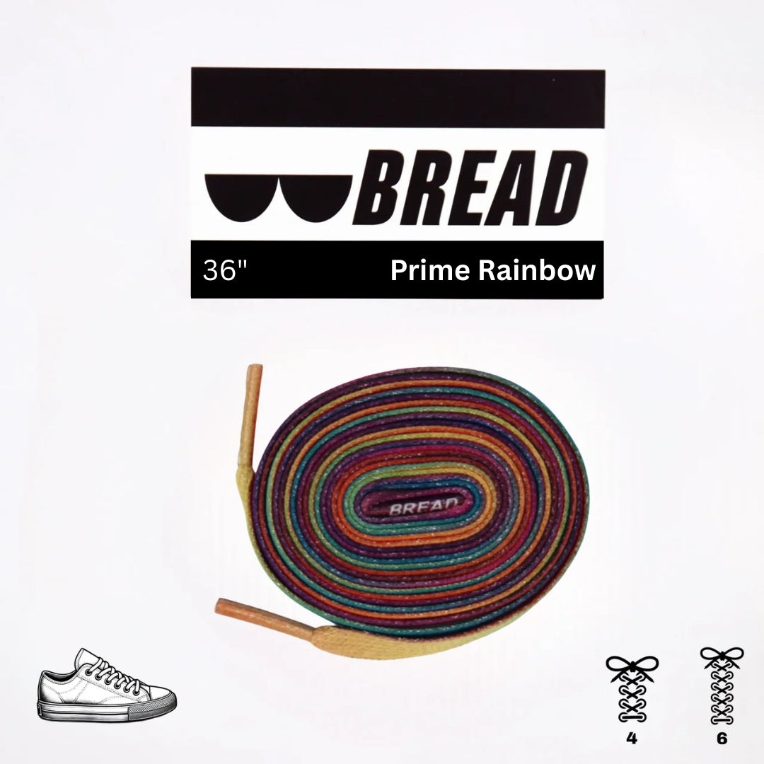 Sparkly Prime Rainbow elastic shoelace by Bread, featuring vibrant rainbow colors and flexible, stretchable design for shoes.