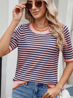 Striped casual T-shirt with contrast trim, trendy tops by Trendsi, featuring a comfortable fit and stylish design.