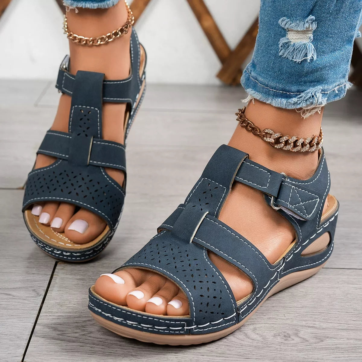 Open toe wedge sandals by Trendsi featuring a stylish design, ankle straps, and a comfortable cork wedge heel.