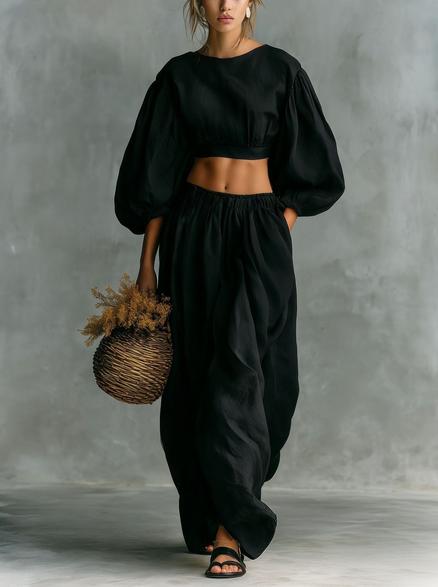 Women's Puff-Sleeve Crew-Neck Two-Piece Set with Pockets FitiqueFit