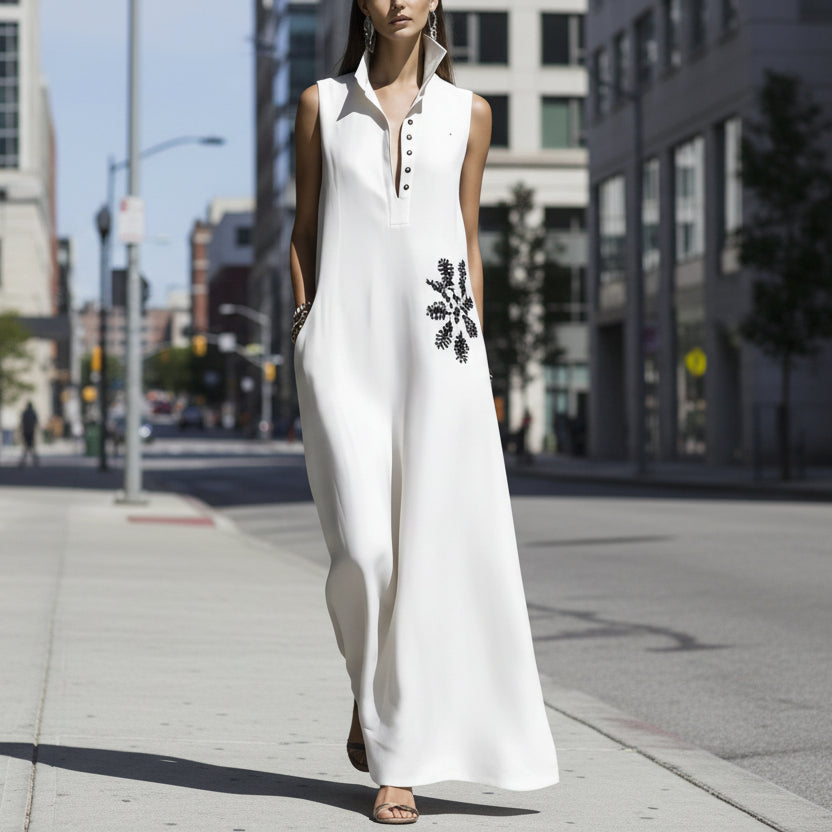 Women's Cotton Linen Mandarin Collar Maxi Dress – Graphic Print with Pockets FitiqueFit