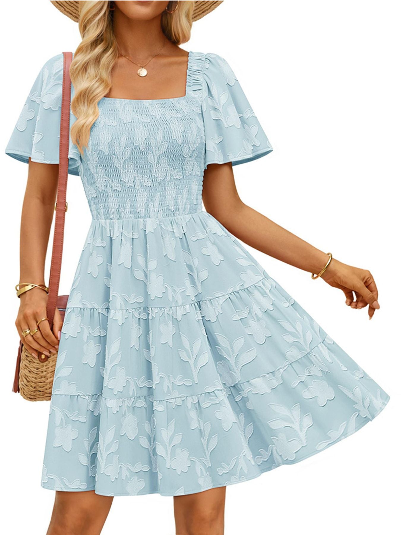 Women's smocked tiered square neck short sleeve casual dress with pockets, featuring a feminine silhouette and lightweight fabric.