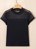 Women's sheer mesh patchwork cap sleeve T-shirt by Trendsi, featuring elegant layering design and stylish cut.