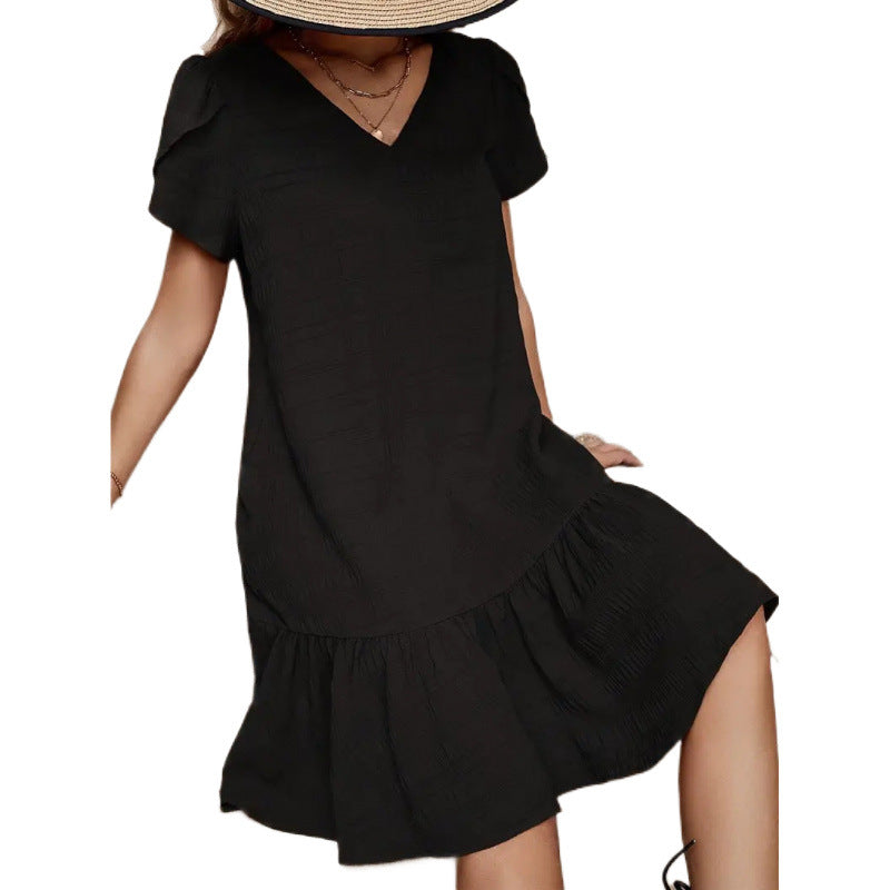 Women's V-Neck A-Line Casual Short Sleeve Dress with Ruffles