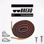 Colorful Prime Rainbow elastic shoelace by Bread, showing vibrant rainbow pattern and flexible stretch for comfortable fit