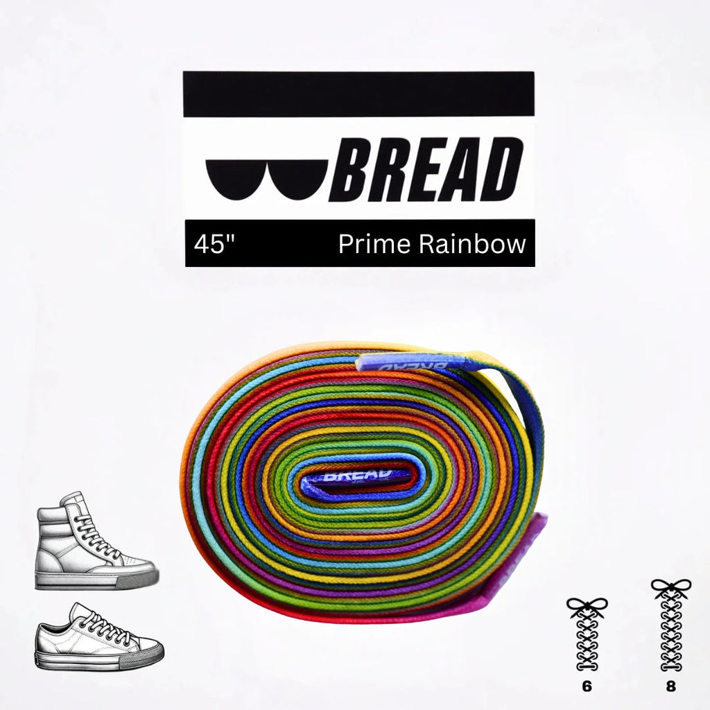 Colorful Prime Rainbow elastic shoelaces by Bread, showing vibrant rainbow-patterned stretch laces for sneakers and athletic shoes.