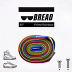 Colorful Prime Rainbow elastic shoelaces by Bread, showing vibrant rainbow-patterned stretch laces for sneakers and athletic shoes.