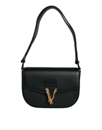 Versace Black Grainy Calf Leather Logo Crossbody Shoulder Bag MaraFormigone