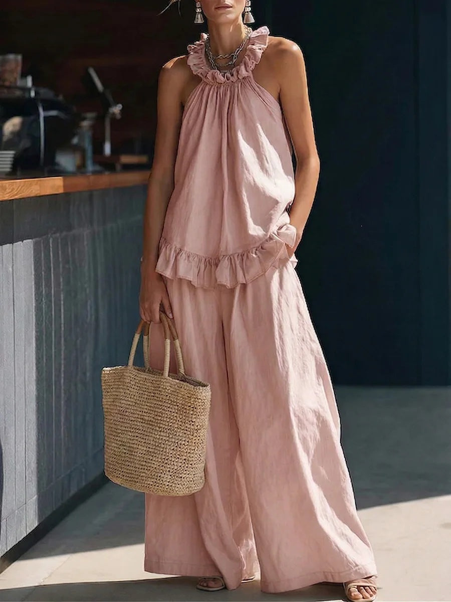 Halterneck loose two-piece casualwear set with pleated fabric and asymmetric pockets from FitiqueFit.