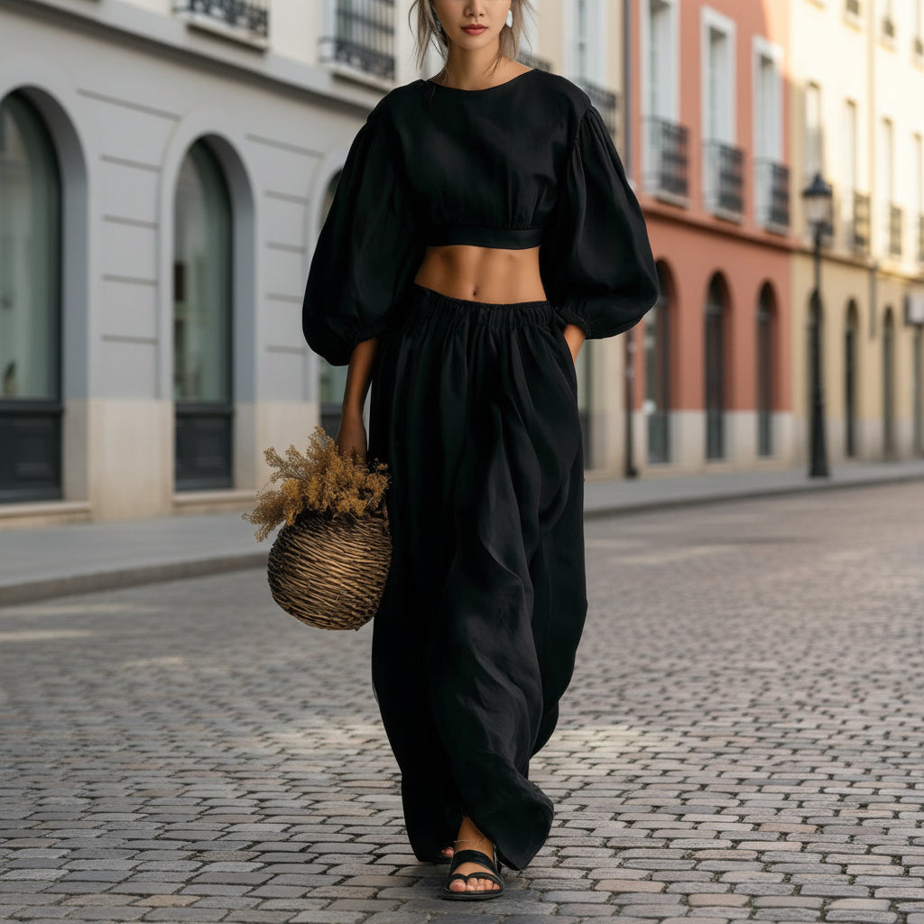 Women's Puff-Sleeve Crew-Neck Two-Piece Set with Pockets FitiqueFit