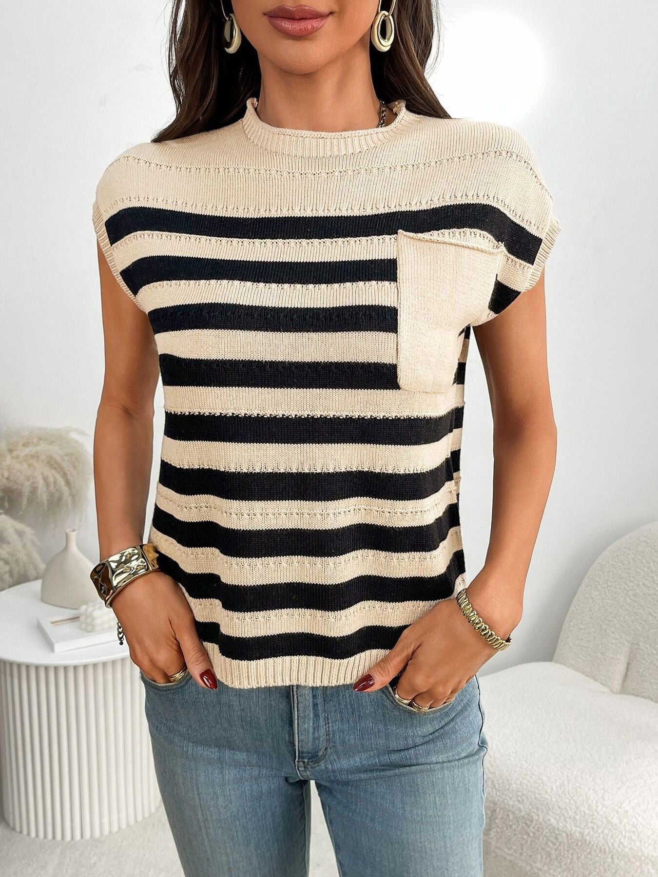Women's striped knit cap sleeve sweater with pocket detail, casual and stylish Trendsi sweater ideal for everyday wear