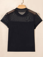Women's sheer mesh patchwork cap sleeve T-shirt by Trendsi, featuring a stylish layered design and elegant lightweight fabric.