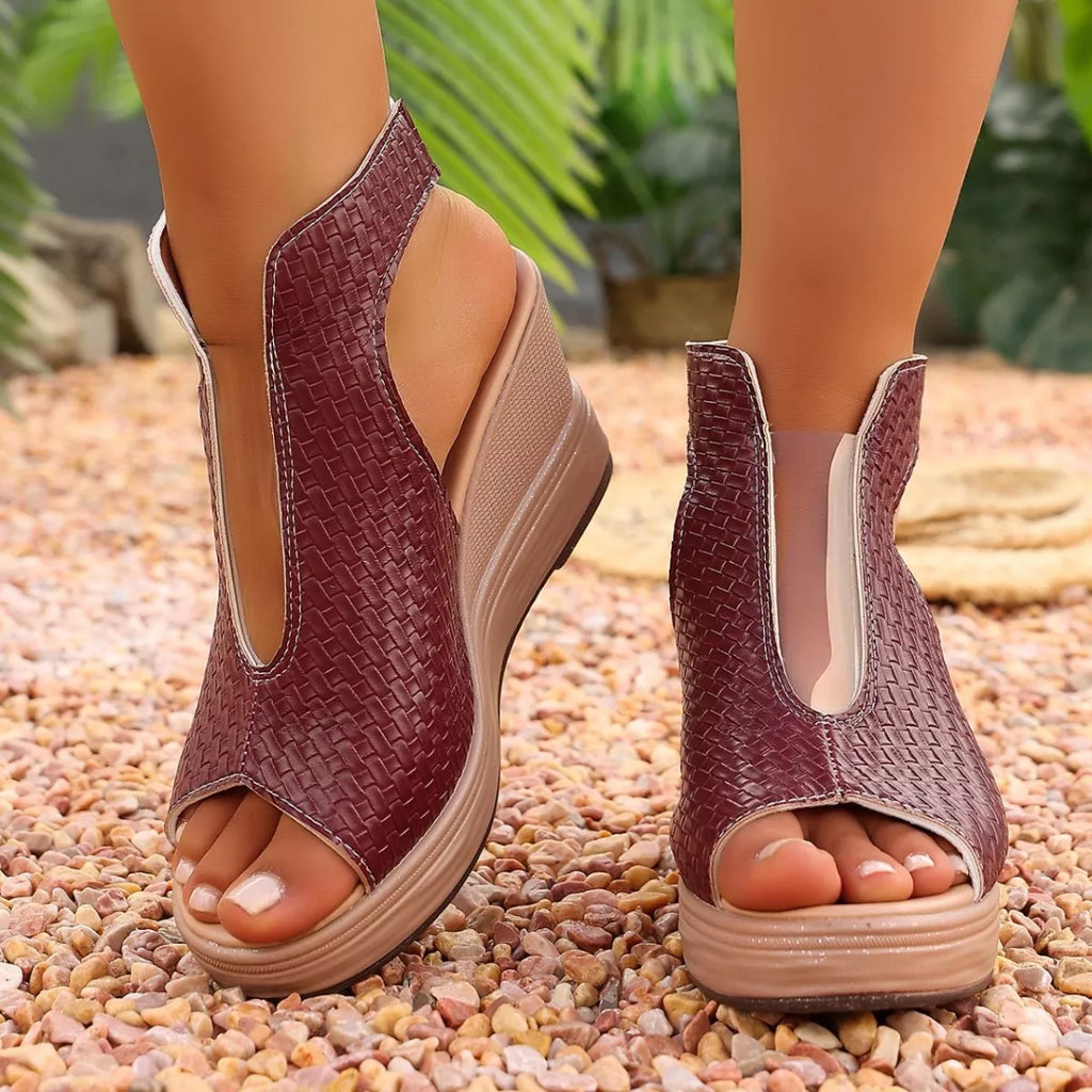 Open toe wedge sandals by Plush Fashion Hub featuring a stylish design and comfortable platform heel for casual summer wear.