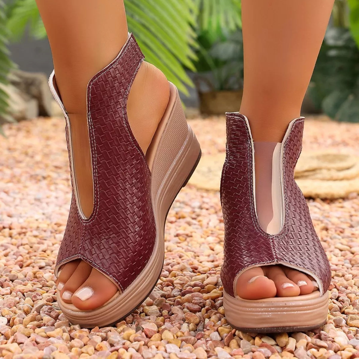Open toe wedge sandals by Plush Fashion Hub featuring a stylish design and comfortable platform heel for casual summer wear.
