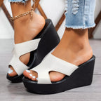 Open toe wedge sandals by Plush Fashion Hub featuring tan straps and a cork heel, perfect for casual summer wear.
