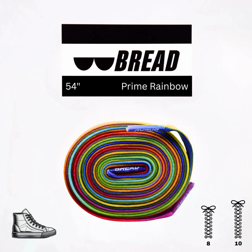 Colorful Prime Rainbow elastic shoelace by Bread, showing vibrant rainbow pattern and flexible design for easy lacing.