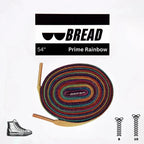 Colorful Prime Rainbow elastic shoelace by Bread, showing vibrant rainbow pattern and flexible design for comfortable wear.