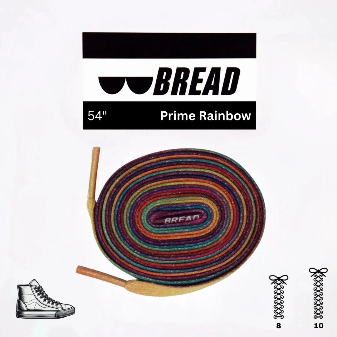 Colorful Prime Rainbow elastic shoelace by Bread, showing vibrant rainbow pattern and flexible design for comfortable wear.