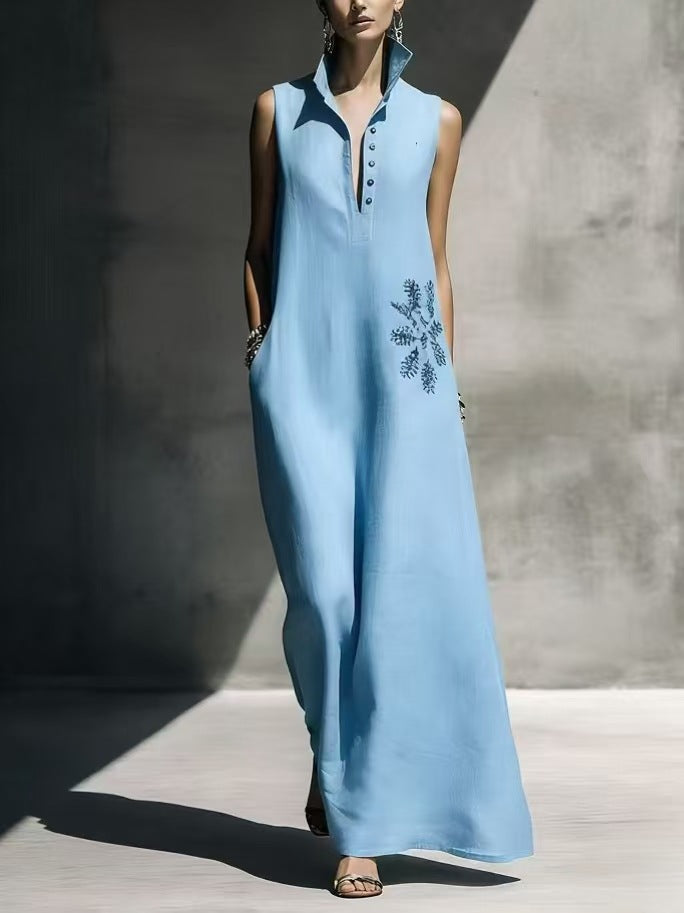 Women's Cotton Linen Mandarin Collar Maxi Dress – Graphic Print with Pockets FitiqueFit