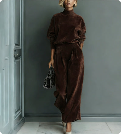 A woman wears a brown velour set with a high-neck long-sleeve top and pleated wide-leg pants, holding a black bag.