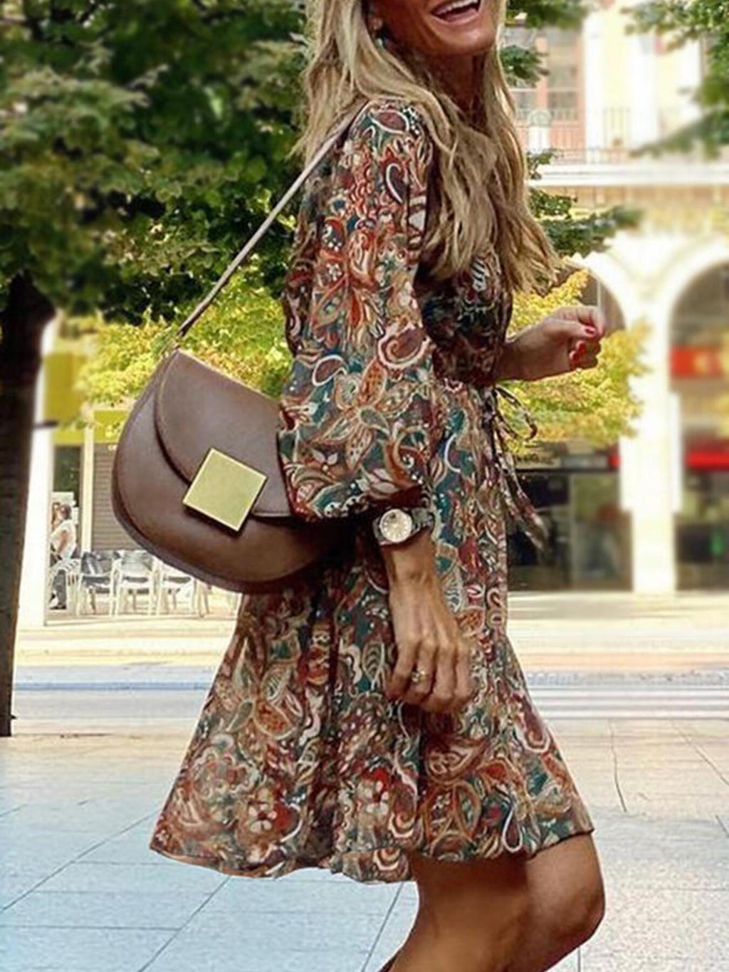 Paisley print balloon sleeve mini dress by Trendsi featuring a boho style, perfect for parties and casual outings.