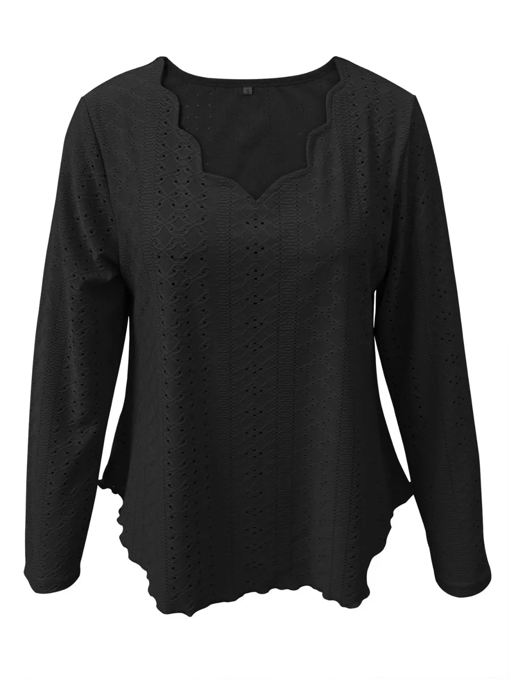 Elegant women's eyelet long sleeve blouse by Trendsi, stylish stretchy office top with intricate eyelet details.
