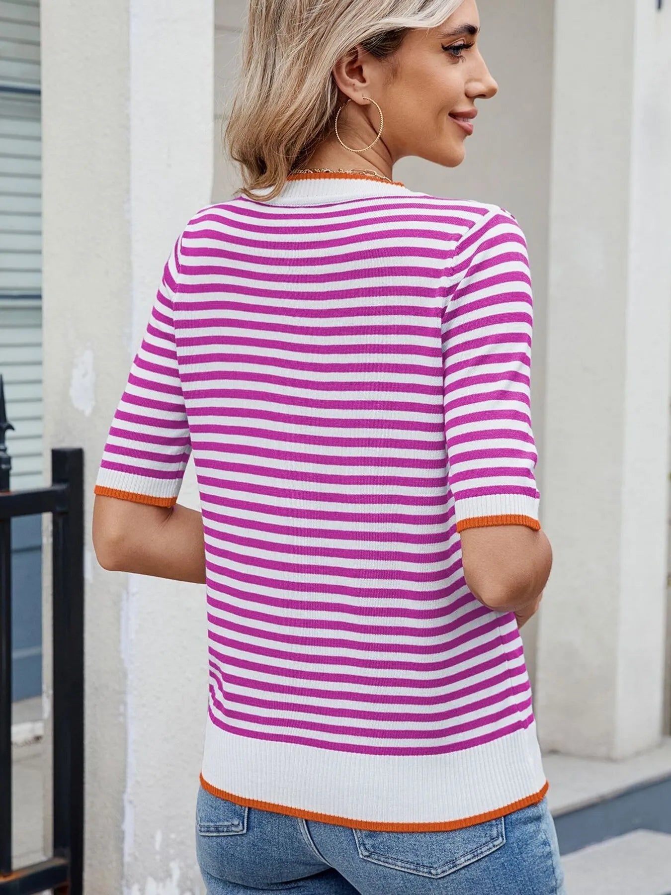 Striped casual T-shirt with contrast trim, from Trendsi, featuring a comfortable fit and stylish design.