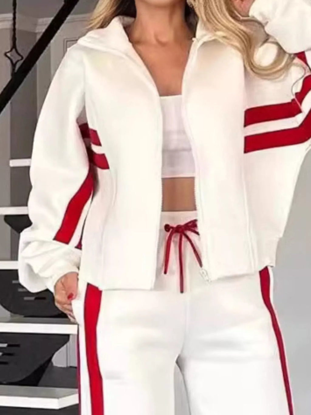 Plus size contrast stripe zip-up jacket and pants set by Plush Fashion Hub, activewear outfit with bold color blocks and sporty style.