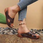 Open toe wedge sandals by Plush Fashion Hub featuring a stylish design with a comfortable platform and ankle straps.