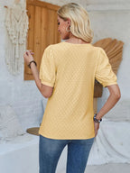 Trendsi eyelet asymmetrical neck short sleeve T-shirt with stylish design and eyelet details, casual tops for everyday wear.