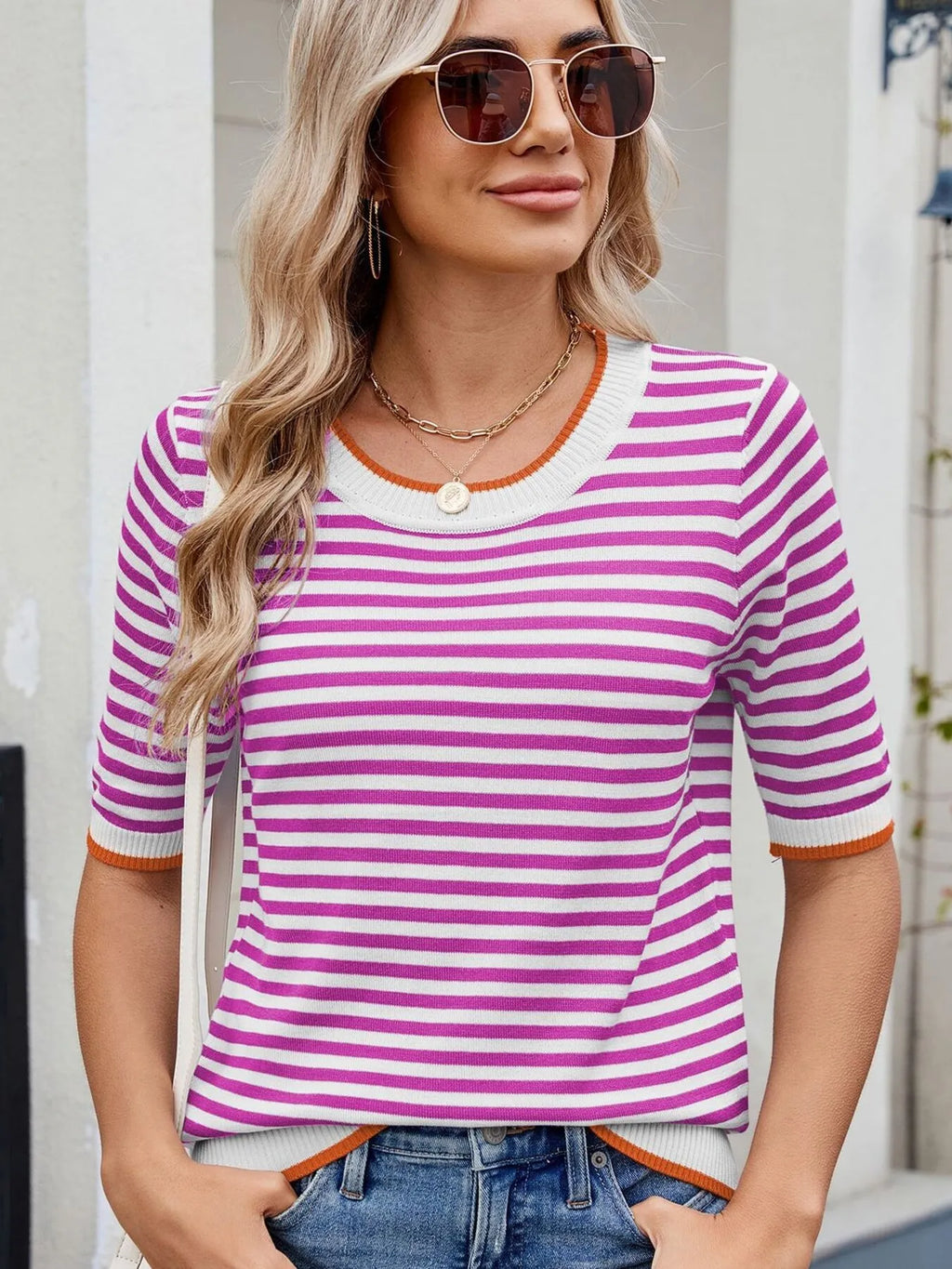 Striped casual T-shirt with contrast trim from Trendsi, featuring a comfortable fit and stylish design, shown on a model.