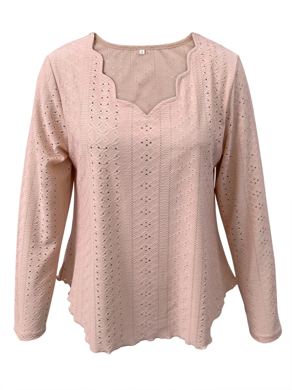 Elegant women's eyelet long sleeve blouse by Trendsi, featuring stretchy fabric and versatile design for office or casual wear.