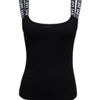Black scoop-neck tank top with white "LOVE" text printed on the shoulder straps.