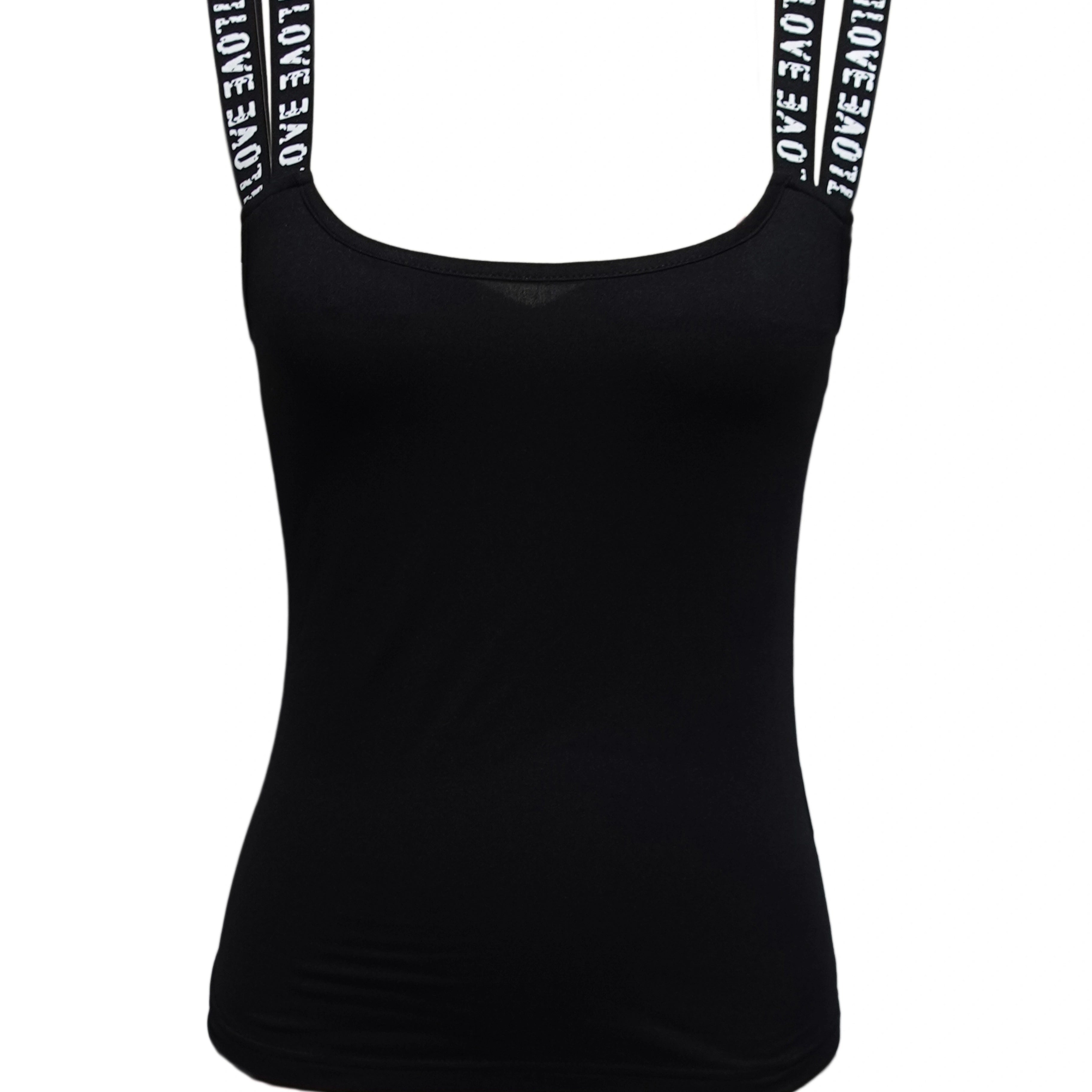 Black scoop-neck tank top with white "LOVE" text printed on the shoulder straps.