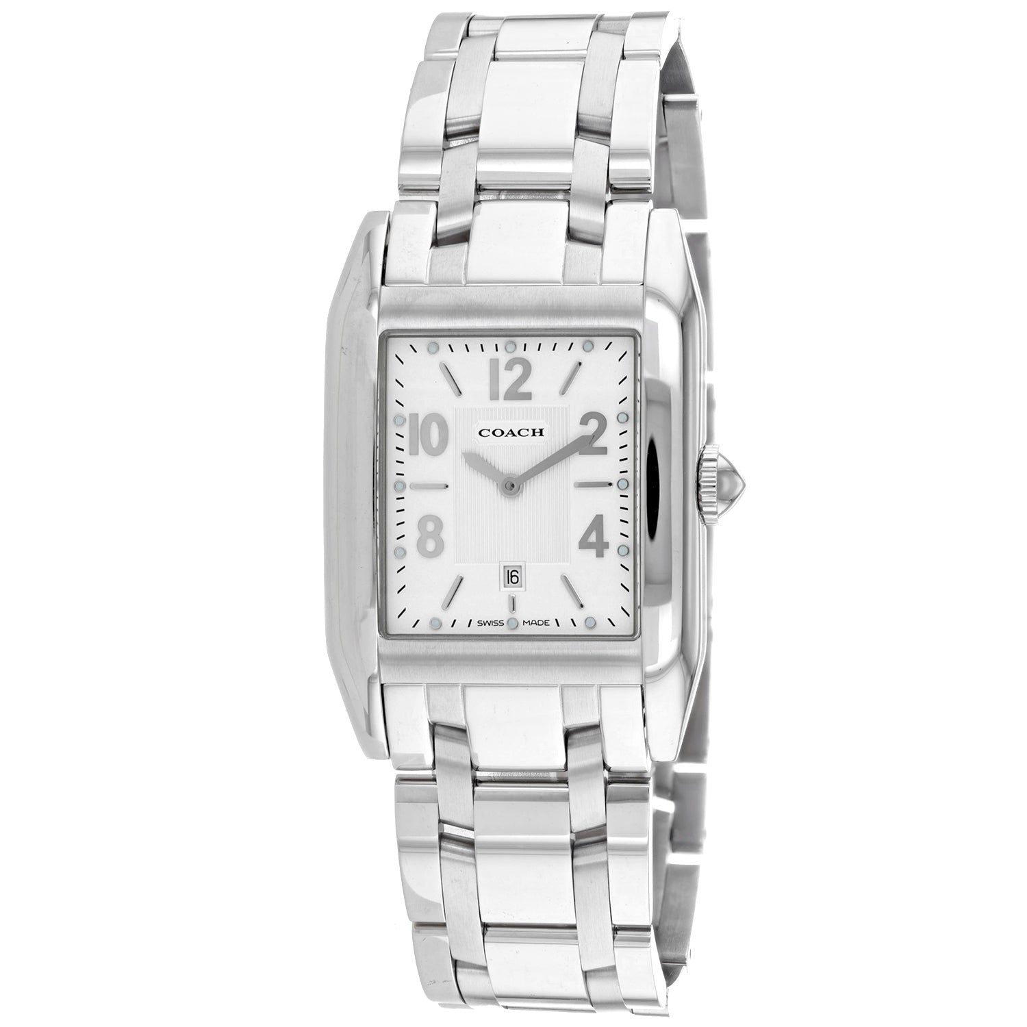 Coach Men's Commerce watch in silver-tone stainless steel, featuring a rectangular dial with date window and link band.