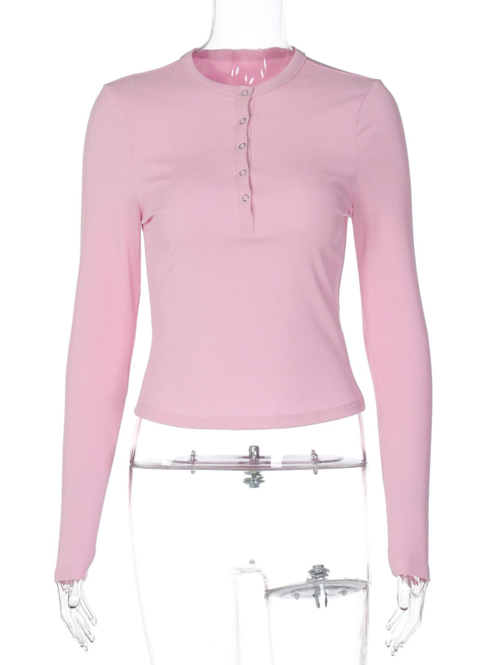 Women's ribbed knit button-front long sleeve T-shirt from Trendsi, featuring a fitted design and classic button closure.