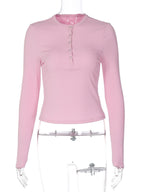 Women's ribbed knit button-front long sleeve T-shirt from Trendsi, featuring a fitted design and classic button closure.