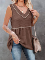 V-neck waffle knit tank top with contrast stitching, trendy sleeveless top by Trendsi, shown in a close-up view.