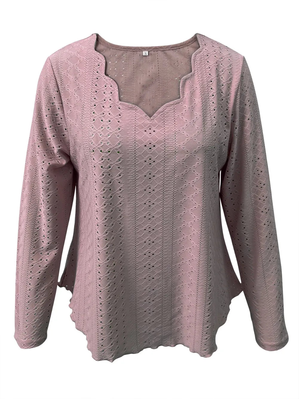 Elegant women's eyelet long sleeve blouse by Trendsi, featuring a versatile stretchy office top with eyelet details and a stylish fit.