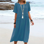 Women's Casual Cotton Linen Short-Sleeve Midi Dress