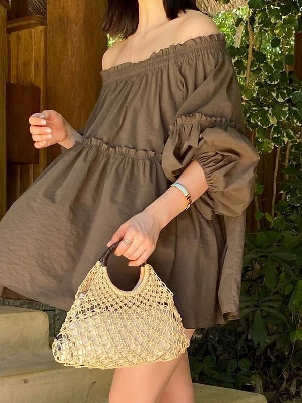 Off-The-Shoulder Ruffled Lantern Sleeve Shirt Plush Fashion Hub