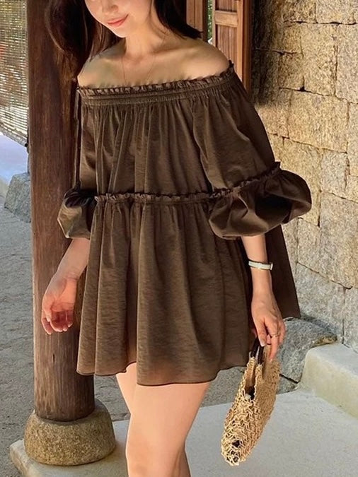 Off-The-Shoulder Ruffled Lantern Sleeve Shirt Plush Fashion Hub