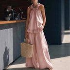 FitiqueFit halterneck loose two-piece casualwear set with pleated design and asymmetric pockets, perfect for stylish, relaxed looks.