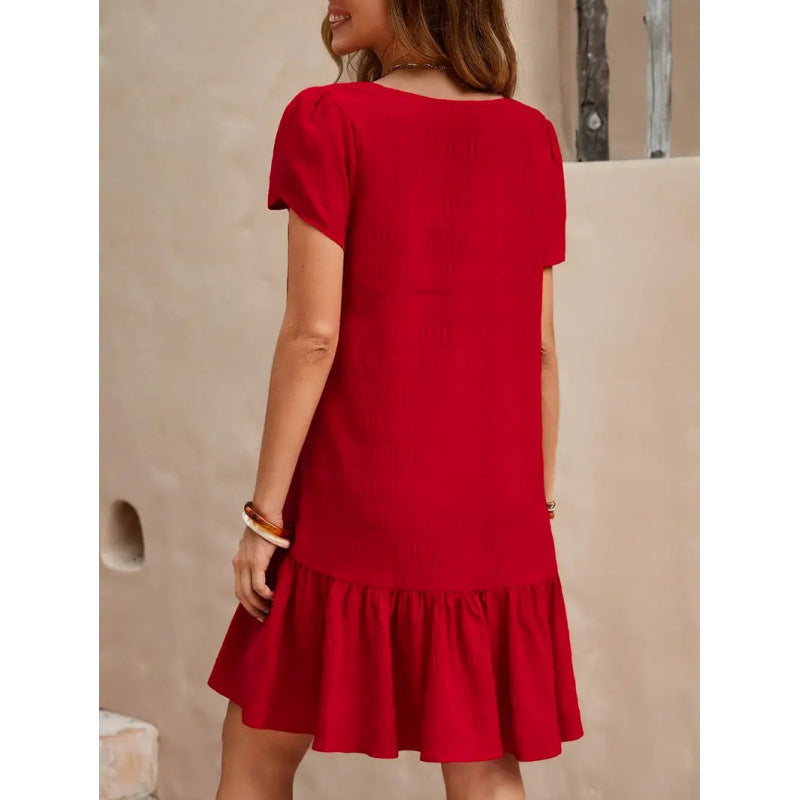 Women's V-Neck A-Line Casual Short Sleeve Dress with Ruffles