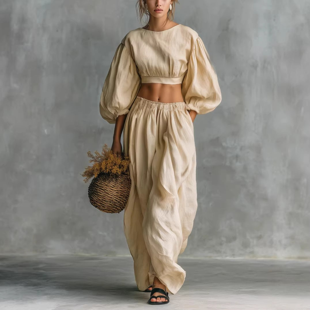 Women's Puff-Sleeve Crew-Neck Two-Piece Set with Pockets FitiqueFit